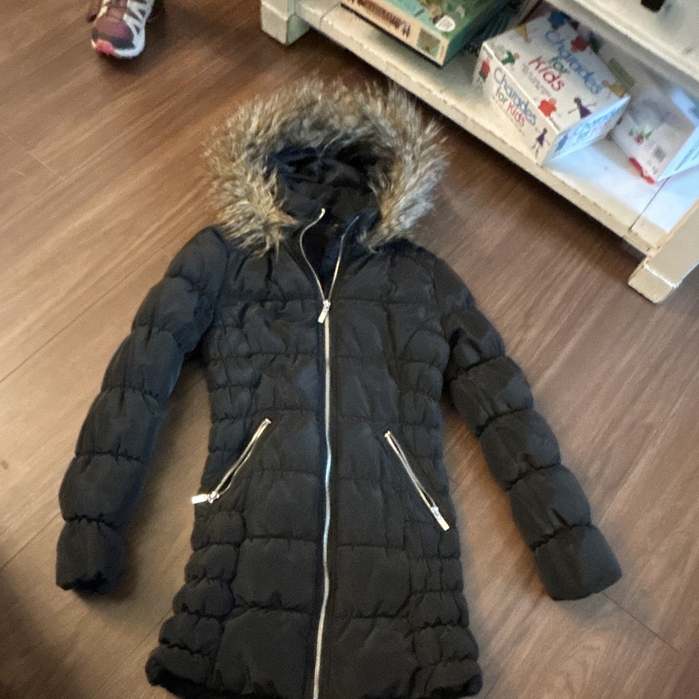 DIVIDED Black Hooded Puffer Jacket Faux Fur Trim Full Zip Mid-Length Size 2